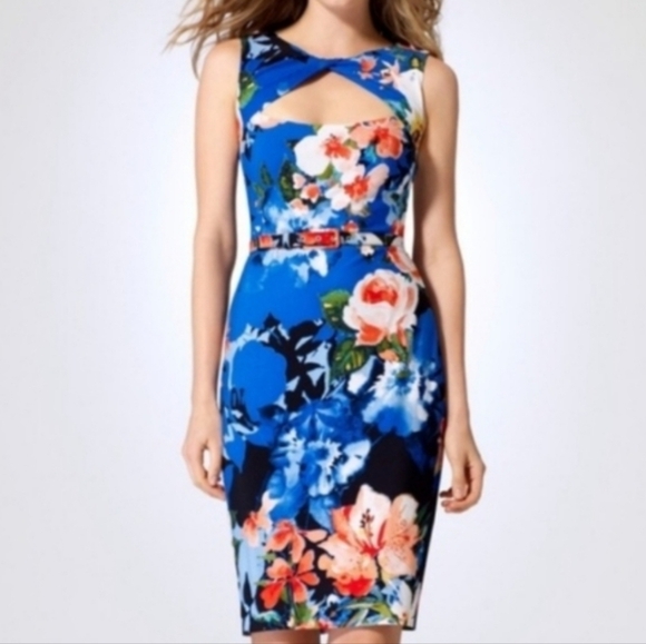 Cache Dresses & Skirts - Cache NWT Blue Floral Belted Sheath Midi Dress Keyhole Back Size Medium
